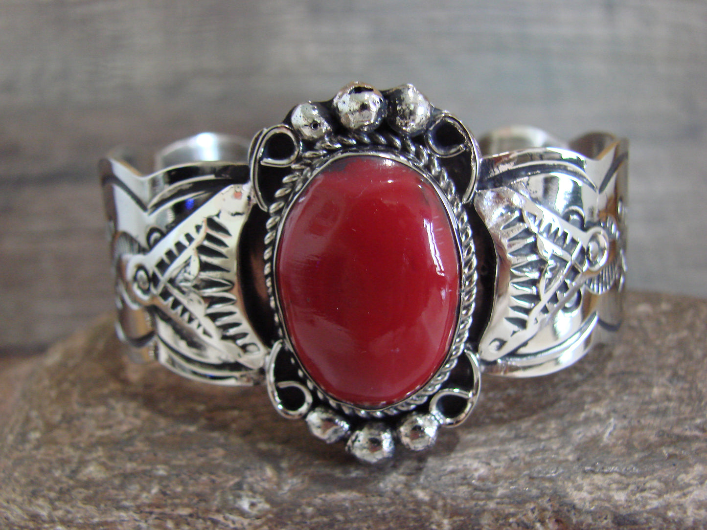 Native American Nickel Silver & Coral Bracelet by Cleveland