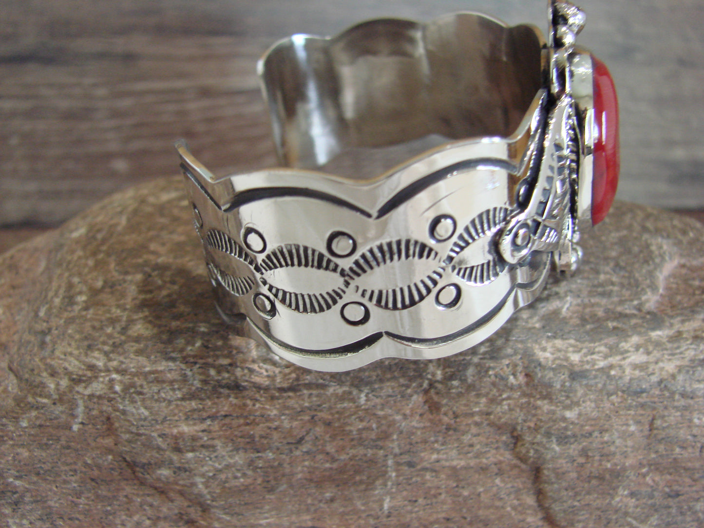 Native American Nickel Silver & Coral Bracelet by Cleveland