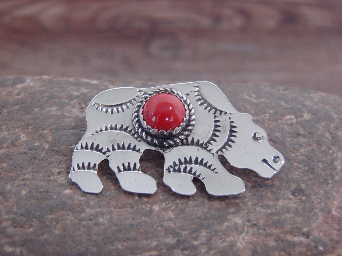 Native American Nickel Silver & Coral Bear Pin - Cleveland