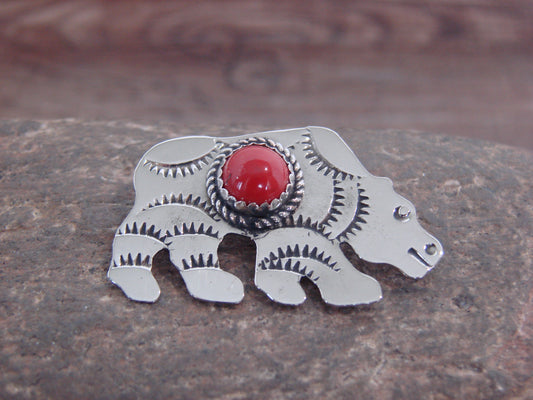 Native American Nickel Silver & Coral Bear Pin - Cleveland