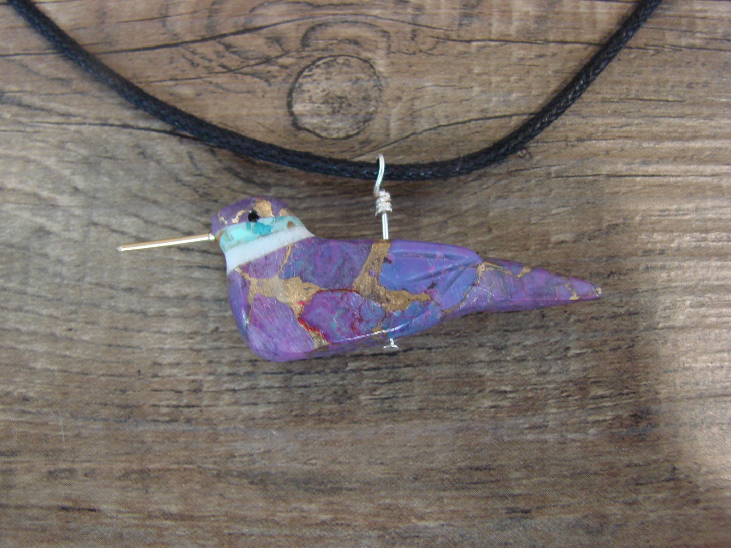 Purple Mohave Bronze Infused Turquoise Hummingbird Fetish Necklace - Mitchell