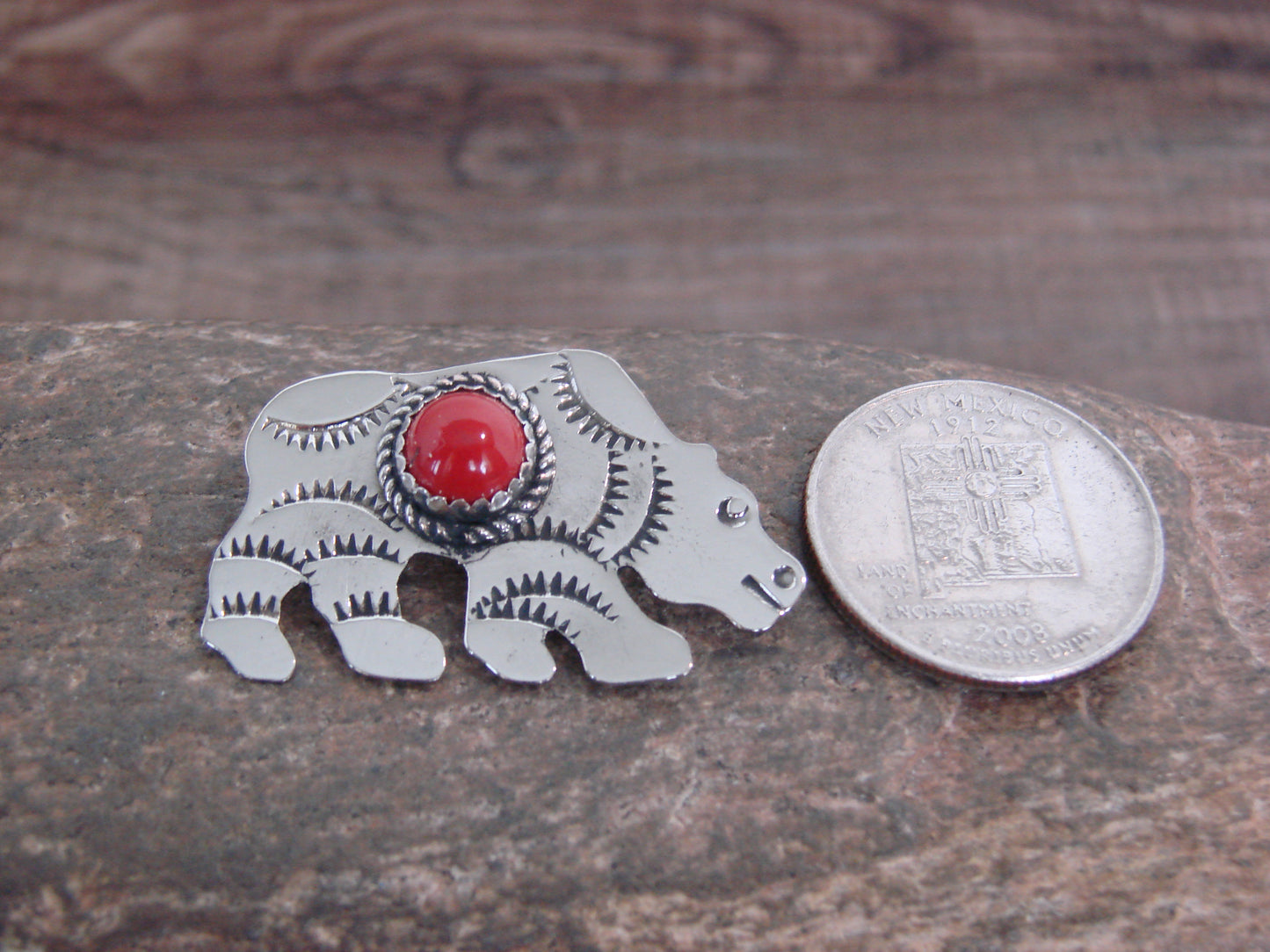 Native American Nickel Silver & Coral Bear Pin - Cleveland