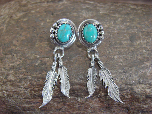 Native American Sterling Silver Turquoise Feather Post Dangle Earrings - Largo