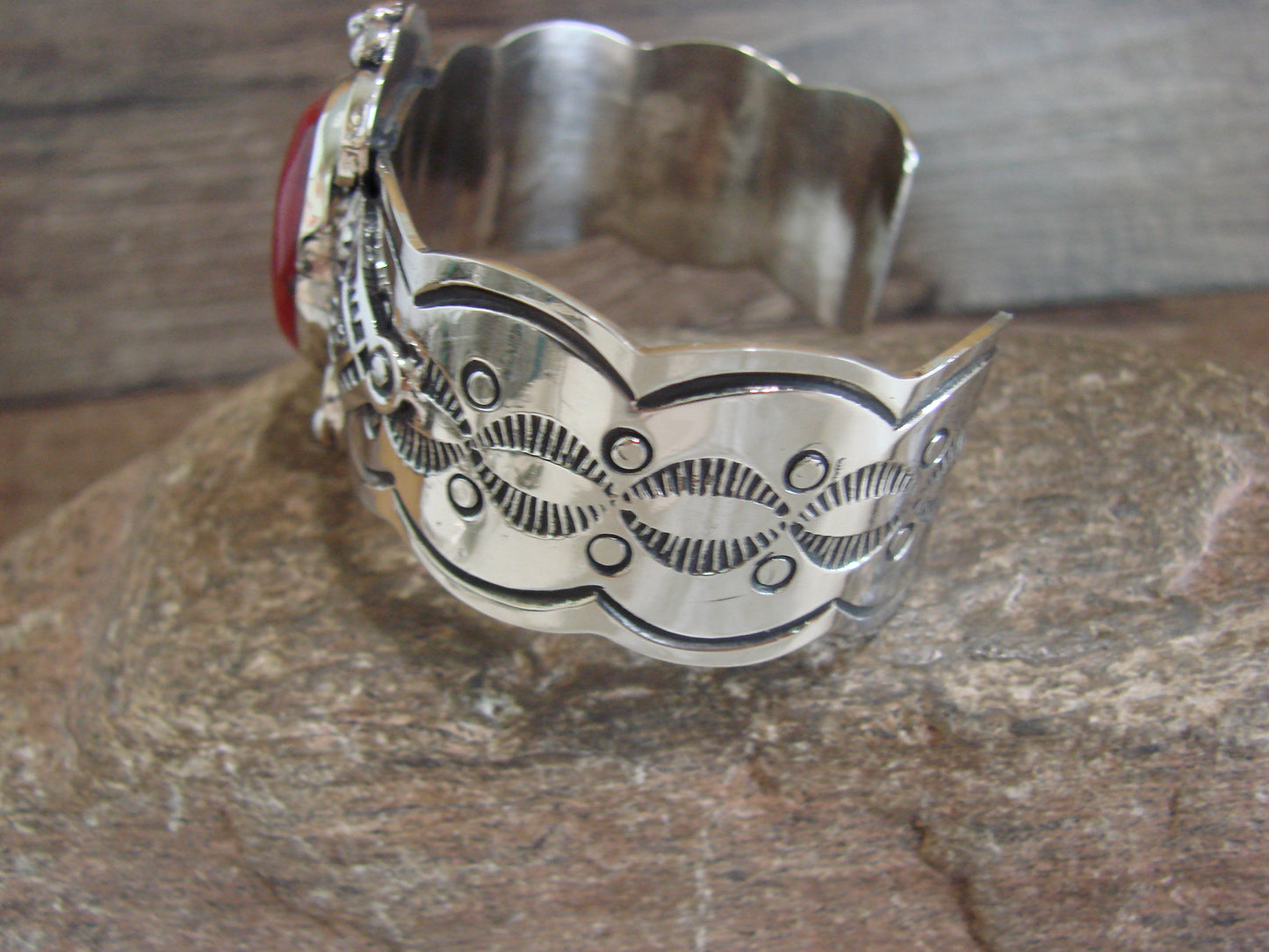 Native American Nickel Silver & Coral Bracelet by Cleveland