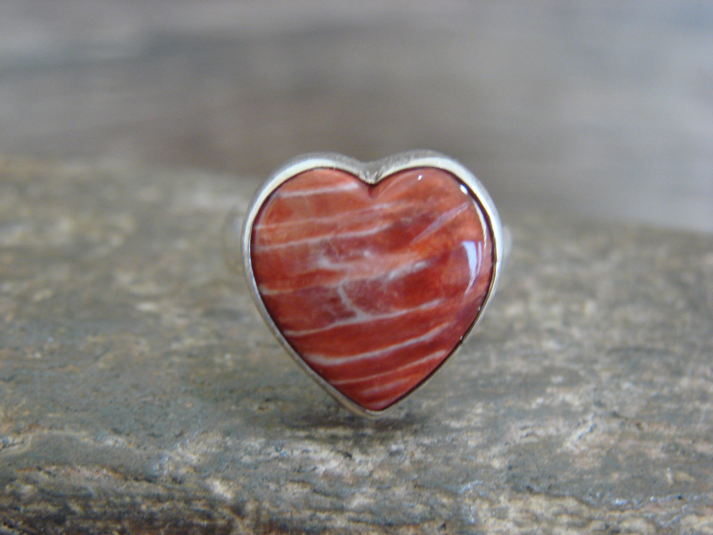 Native American Sterling Silver & Spiny Oyster Heart Ring by P. Smith - Size 7