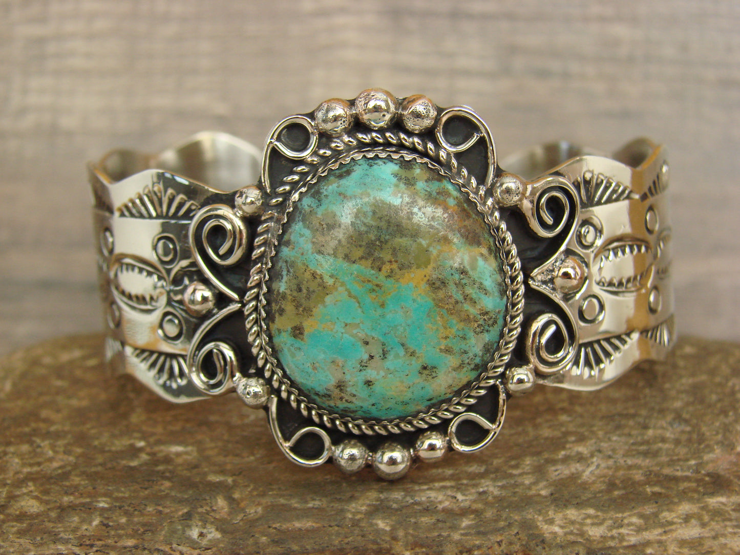 Native American Nickel Silver & Turquoise Bracelet by Cleveland