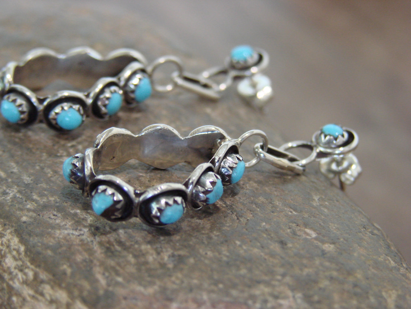 Native American Sterling Silver & Turquoise Post Dangle Earrings - Lonasee