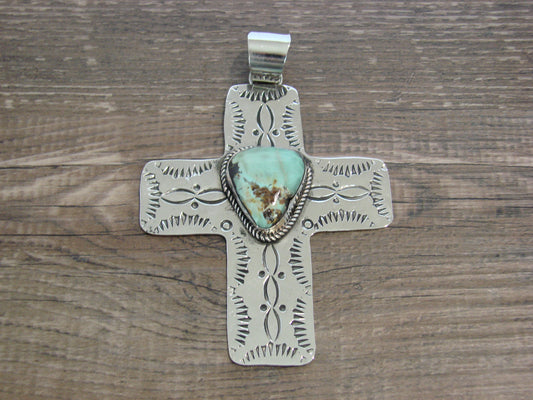 Large Native American Nickel Silver & Turquoise Cross Pendant - Cleveland
