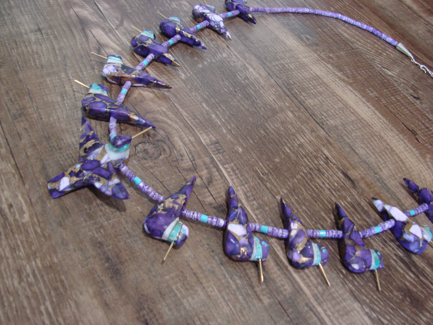 Hand Carved Bronze Purple Turquoise Aggregate  Hummingbird Fetish Necklace - Mitchell