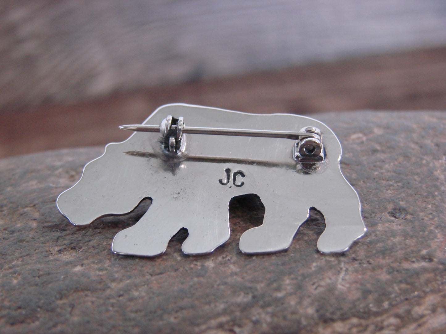 Native American Nickel Silver & Coral Bear Pin - Cleveland