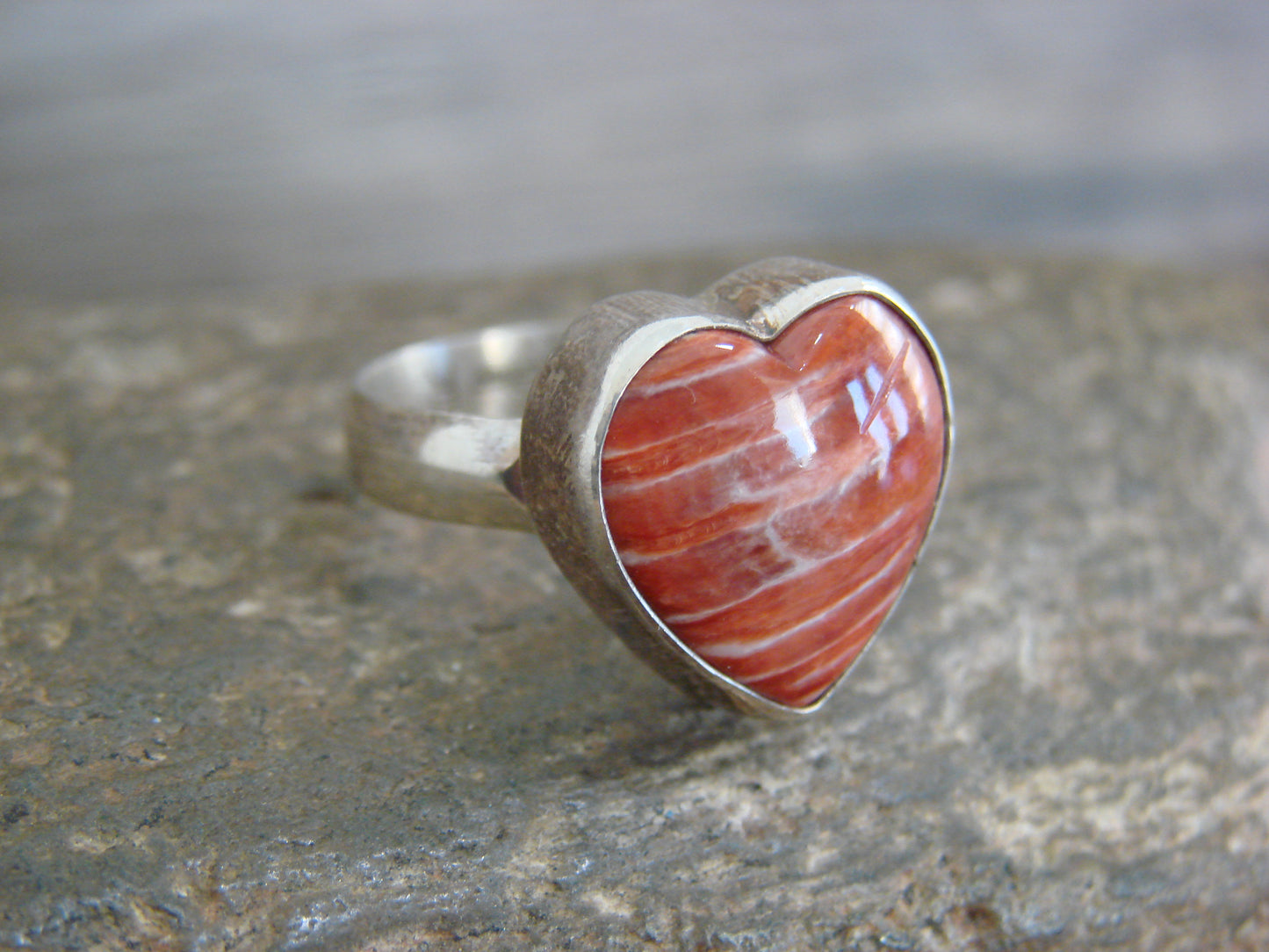 Native American Sterling Silver & Spiny Oyster Heart Ring by P. Smith - Size 7