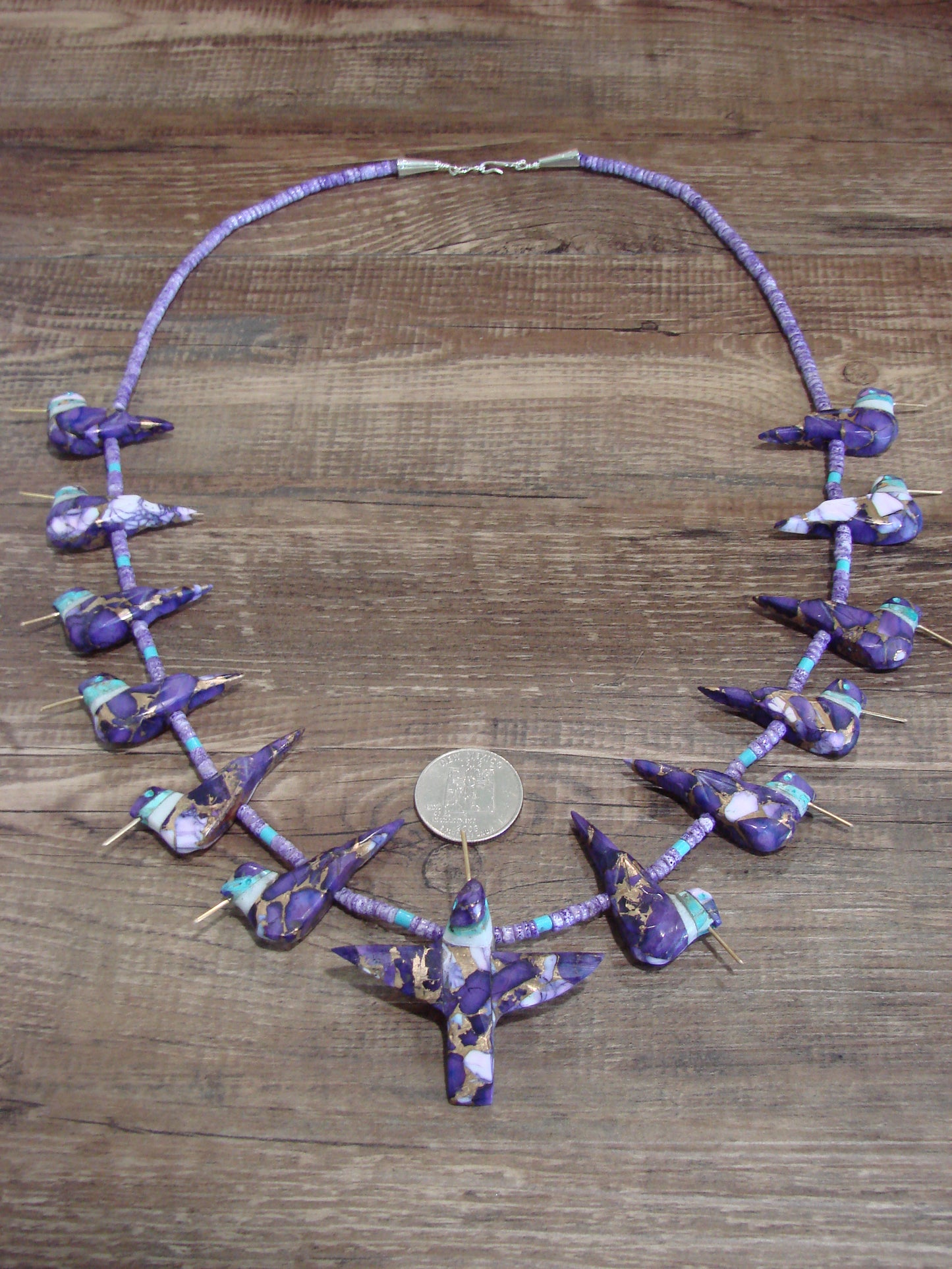 Hand Carved Bronze Purple Turquoise Aggregate  Hummingbird Fetish Necklace - Mitchell