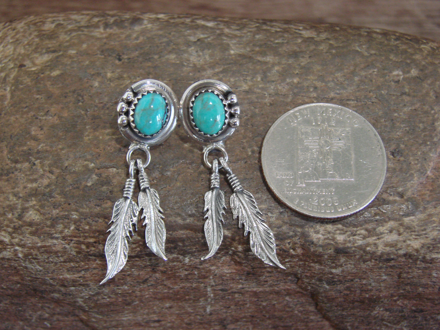 Native American Sterling Silver Turquoise Feather Post Dangle Earrings - Largo