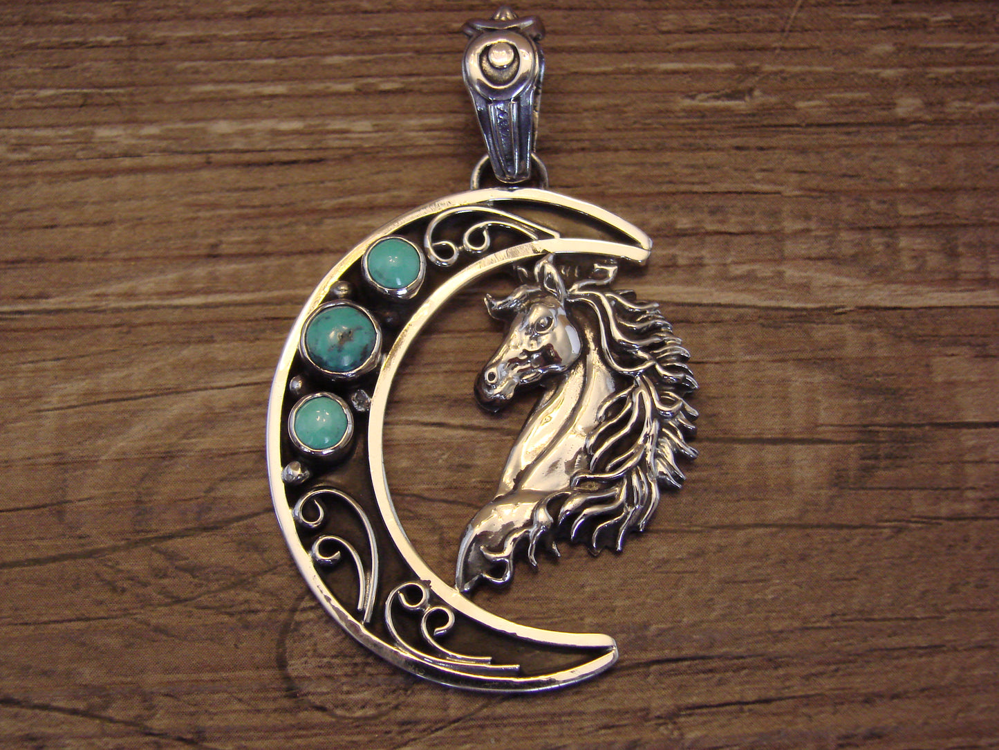 Native American Sterling Silver Turquoise Horse & Moon Pendant - Lewis