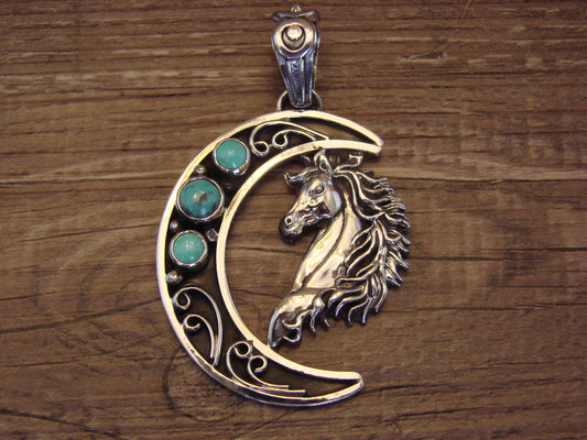 Native American Sterling Silver Turquoise Horse & Moon Pendant - Lewis