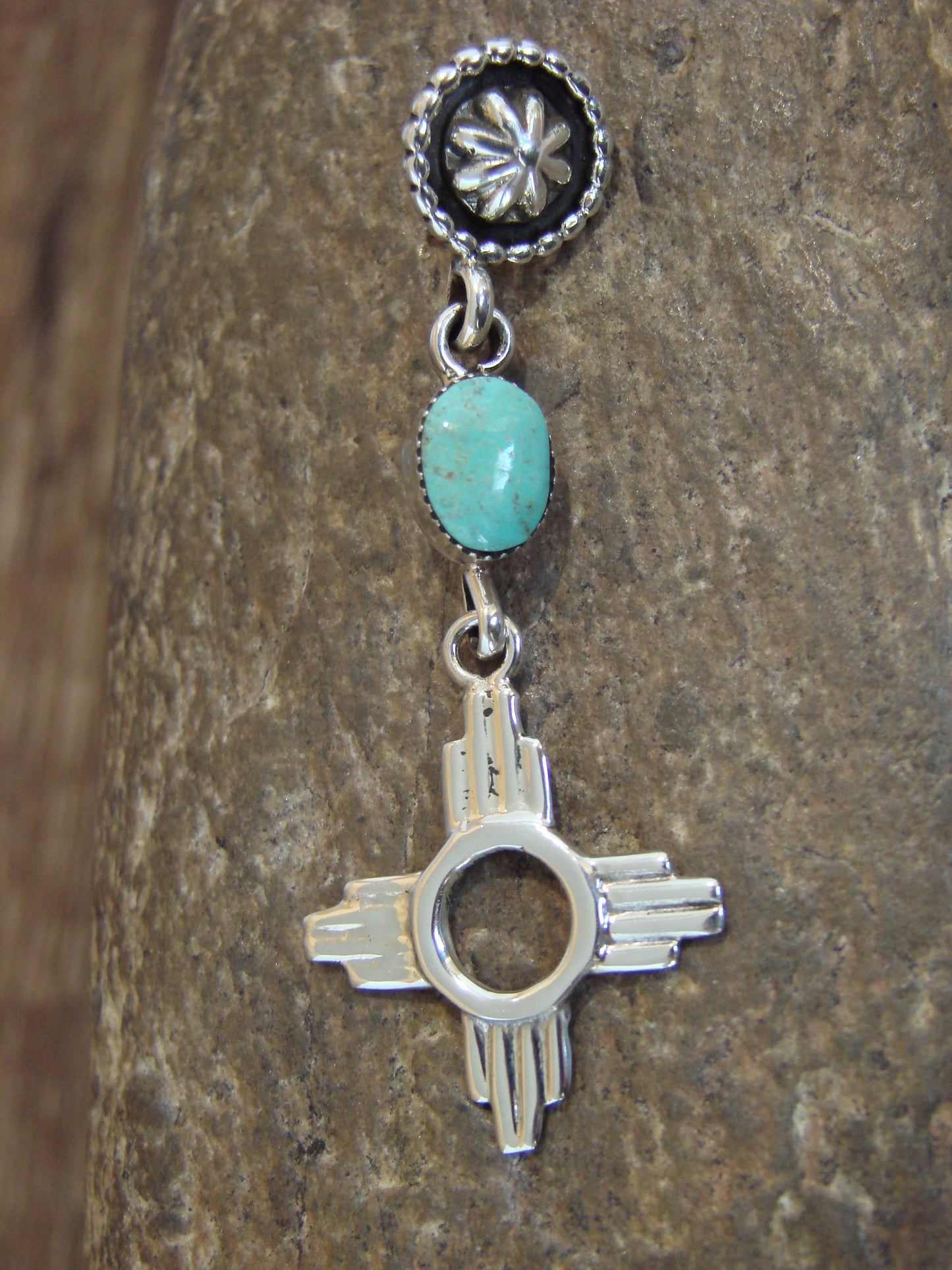 Native American Sterling Silver & Turquoise Zia Pendant by Lee