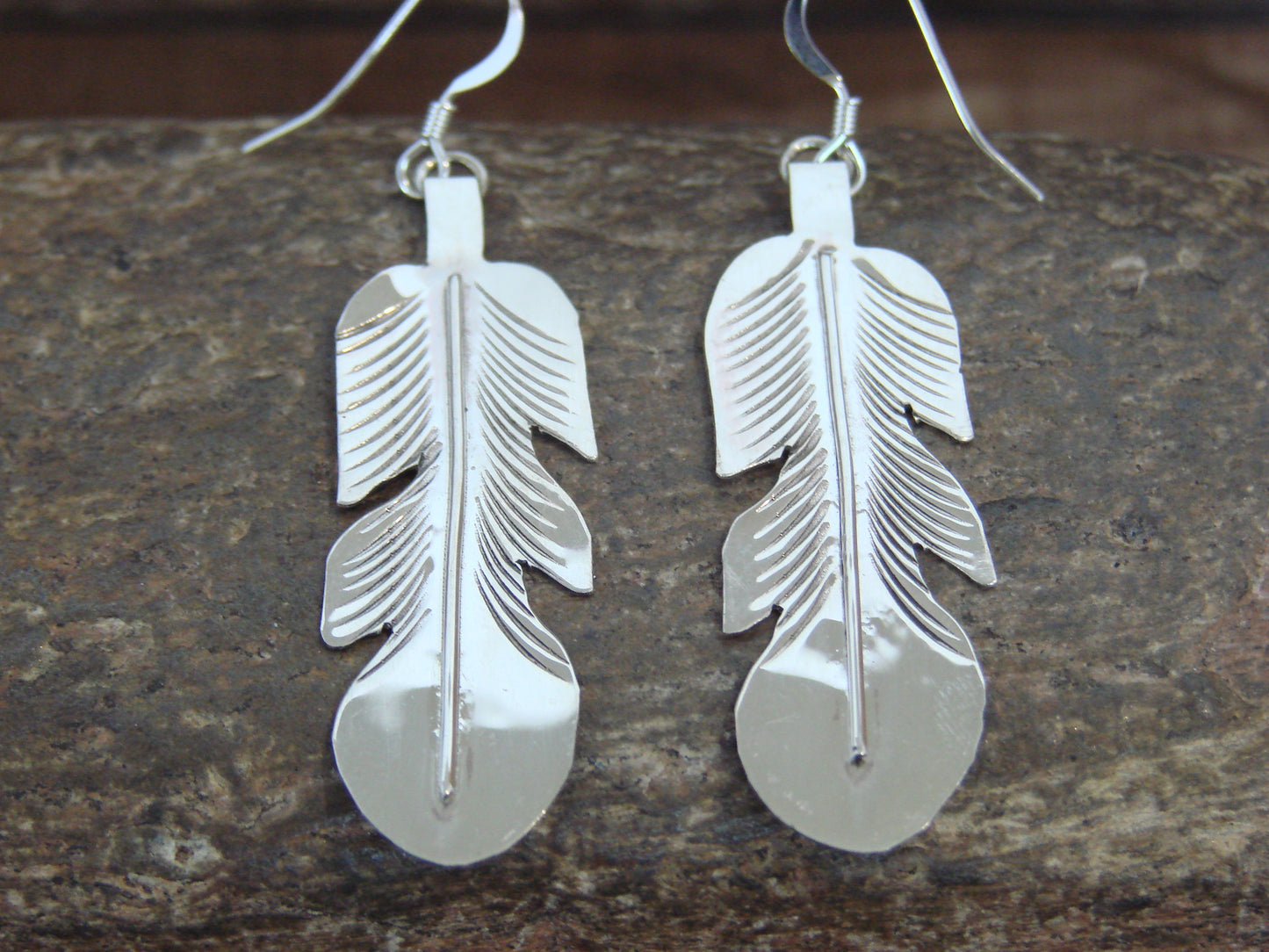 Native American Sterling Silver Feather Dangle Earrings by Davis