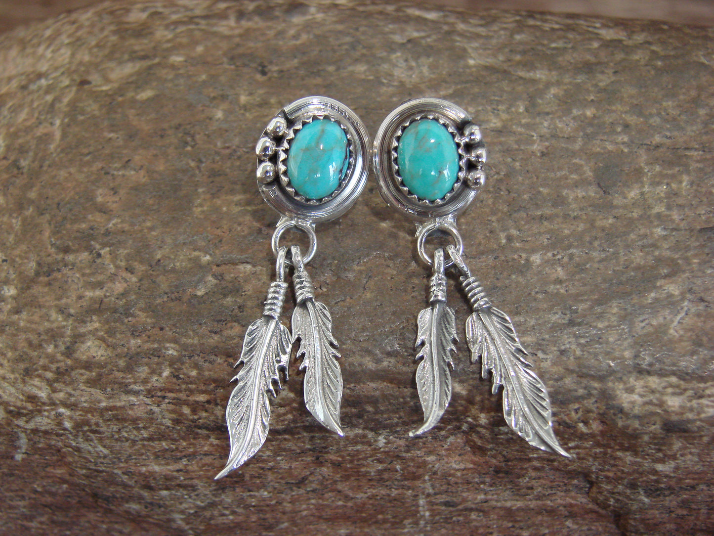 Native American Sterling Silver Turquoise Feather Post Dangle Earrings - Largo