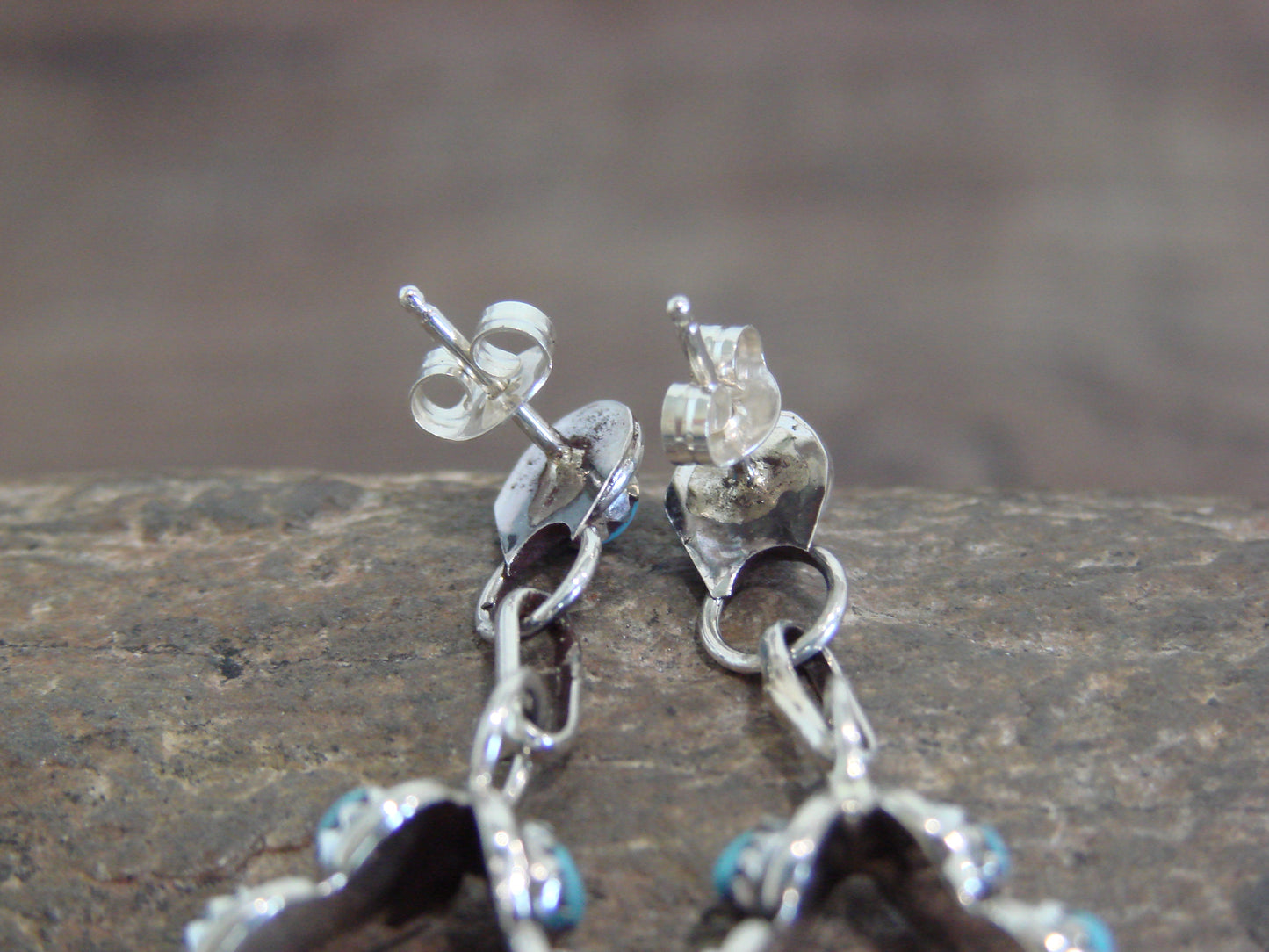 Native American Sterling Silver & Turquoise Post Dangle Earrings - Lonasee