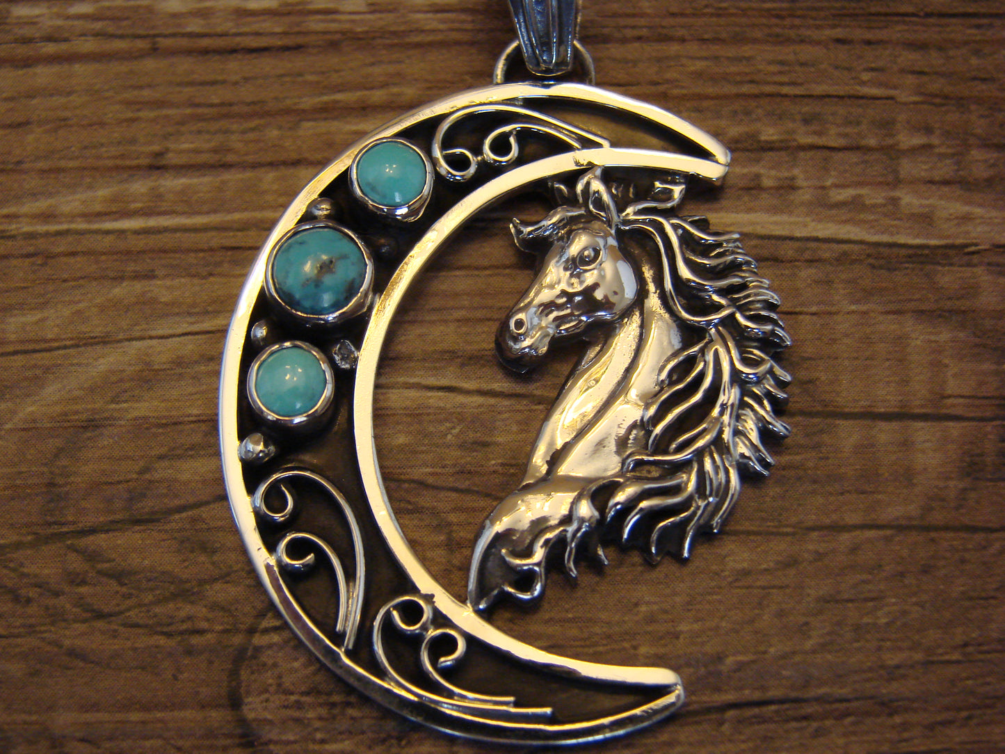 Native American Sterling Silver Turquoise Horse & Moon Pendant - Lewis
