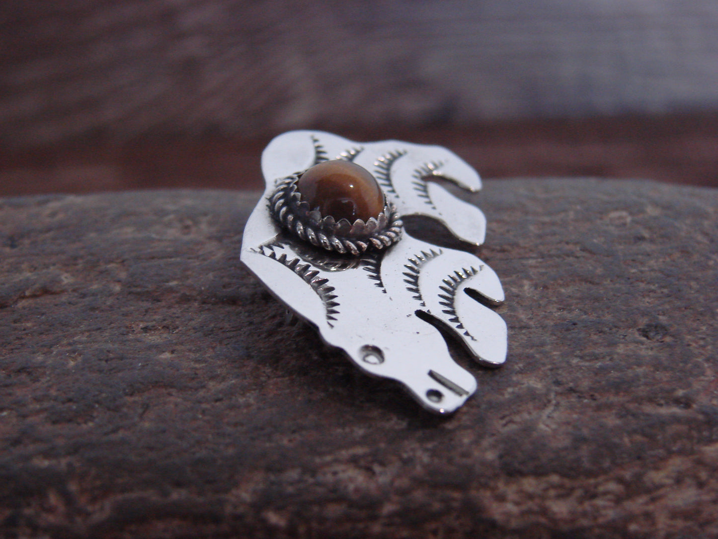 Native American Nickel Silver & Tiger Eye Bear Pin - Cleveland