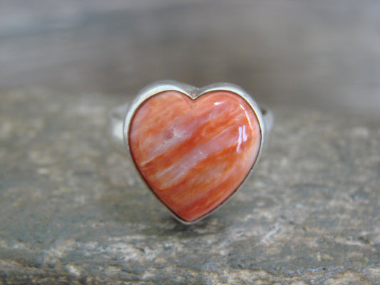 Native American Sterling Silver & Spiny Oyster Heart Ring by P. Smith - Size 9.5