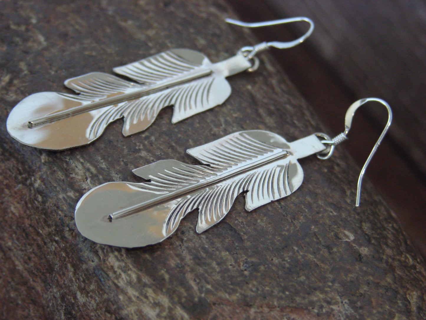 Native American Sterling Silver Feather Dangle Earrings by Davis
