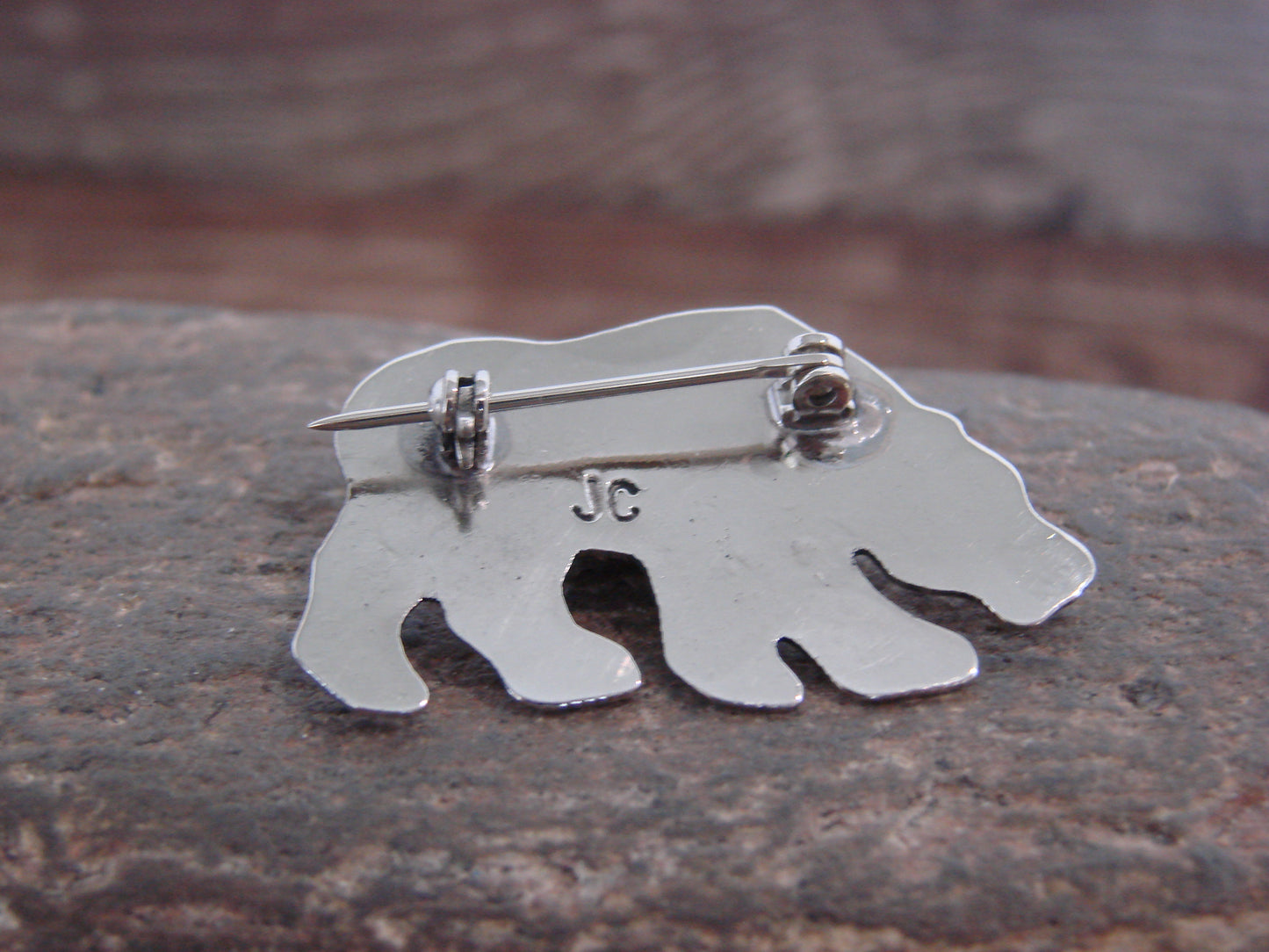 Native American Nickel Silver & Tiger Eye Bear Pin - Cleveland