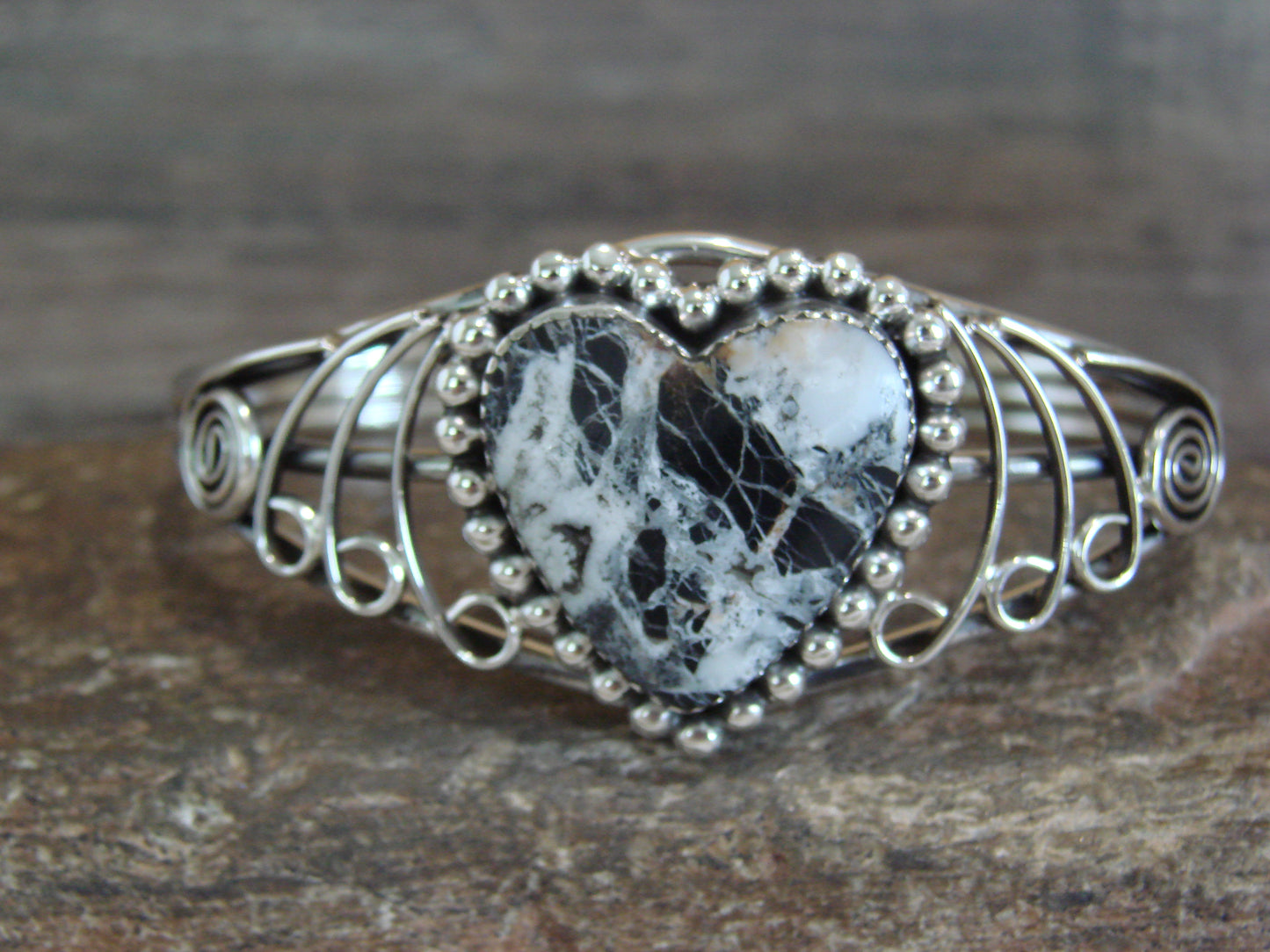 Native American Sterling Silver White Buffalo Turquoise Heart Bracelet by Garcia