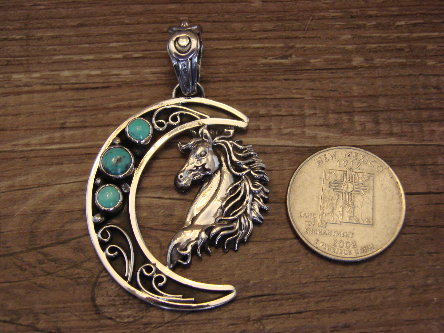 Native American Sterling Silver Turquoise Horse & Moon Pendant - Lewis