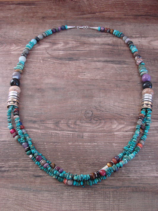 Native American Sterling Silver & Turquoise 30" Gemstone Necklace by Singer