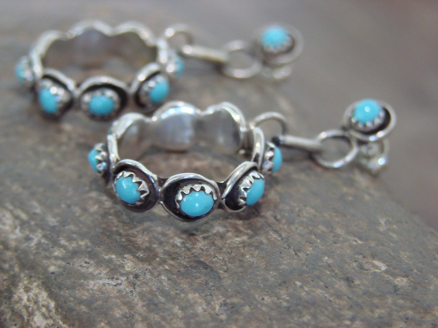 Native American Sterling Silver & Turquoise Post Dangle Earrings - Lonasee