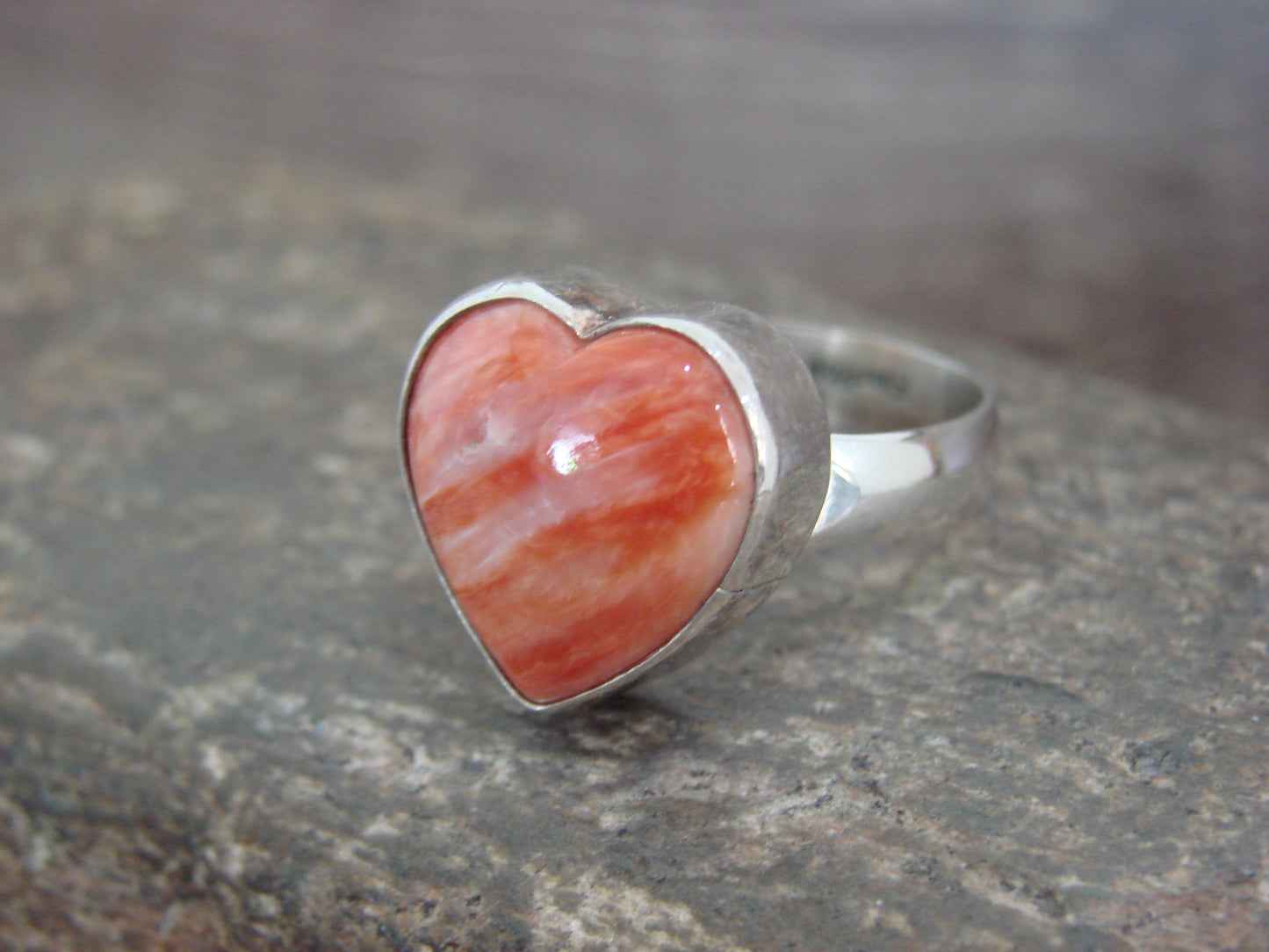 Native American Sterling Silver & Spiny Oyster Heart Ring by P. Smith - Size 9.5