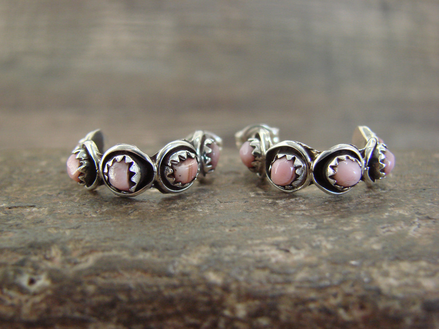 Native American Sterling Silver & Pink Shell Half Hoop Post Earrings - Lonasee