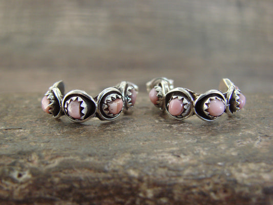 Native American Sterling Silver & Pink Shell Half Hoop Post Earrings - Lonasee