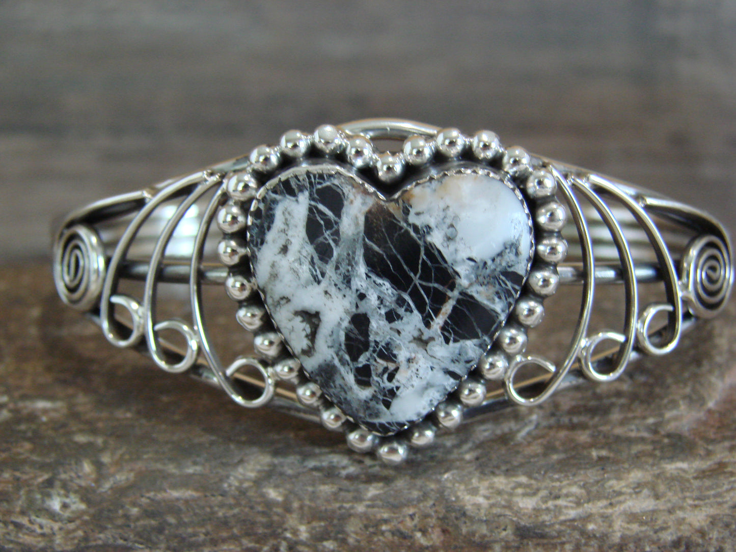Native American Sterling Silver White Buffalo Turquoise Heart Bracelet by Garcia