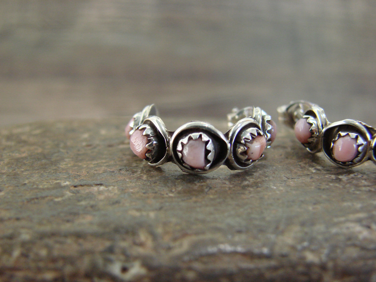 Native American Sterling Silver & Pink Shell Half Hoop Post Earrings - Lonasee