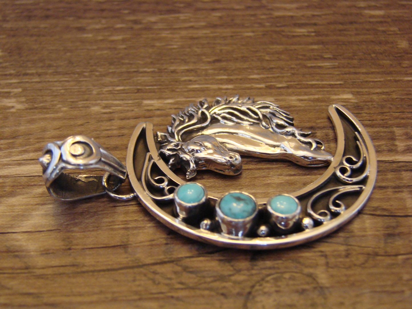 Native American Sterling Silver Turquoise Horse & Moon Pendant - Lewis