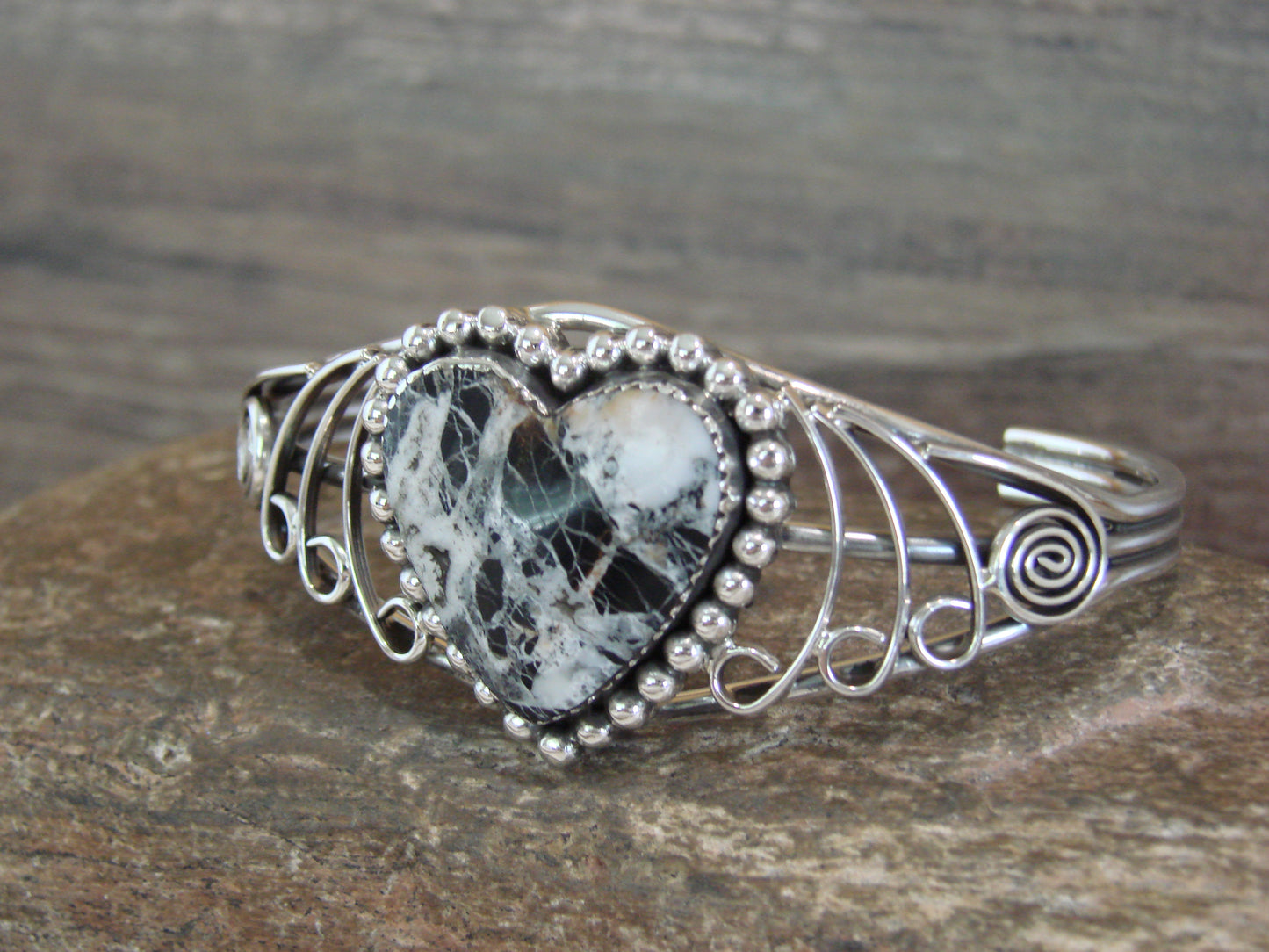 Native American Sterling Silver White Buffalo Turquoise Heart Bracelet by Garcia