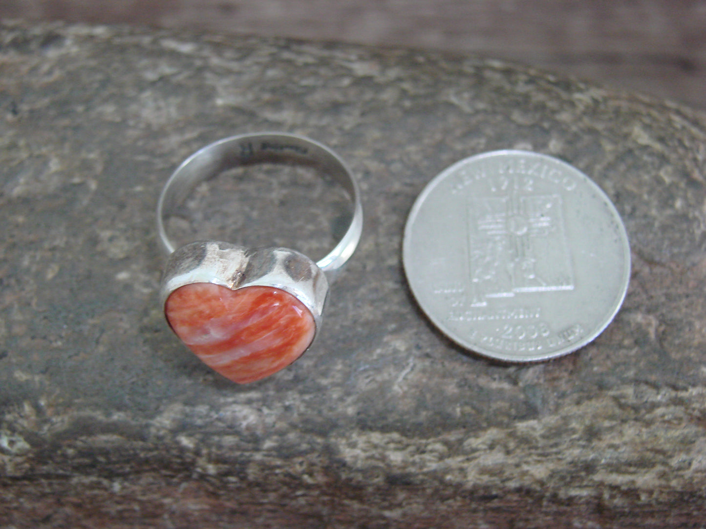 Native American Sterling Silver & Spiny Oyster Heart Ring by P. Smith - Size 9.5