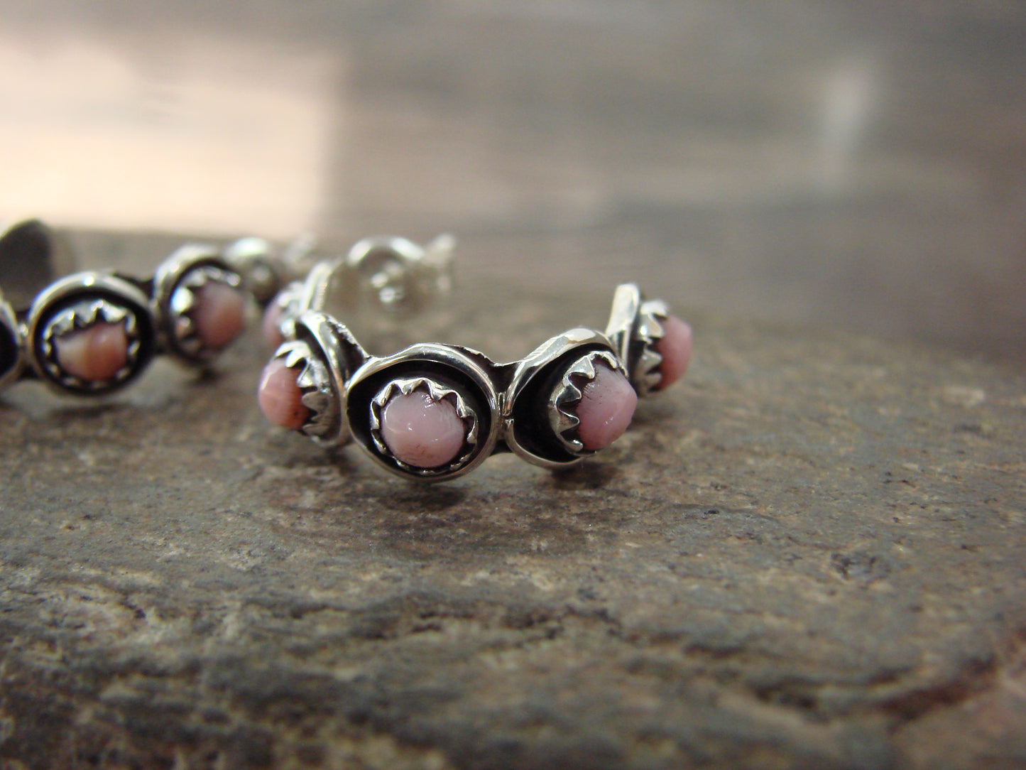 Native American Sterling Silver & Pink Shell Half Hoop Post Earrings - Lonasee