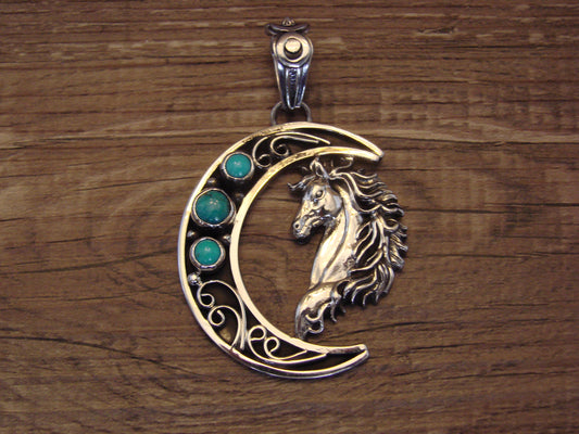 Native American Sterling Silver Turquoise Horse & Moon Pendant - Lewis