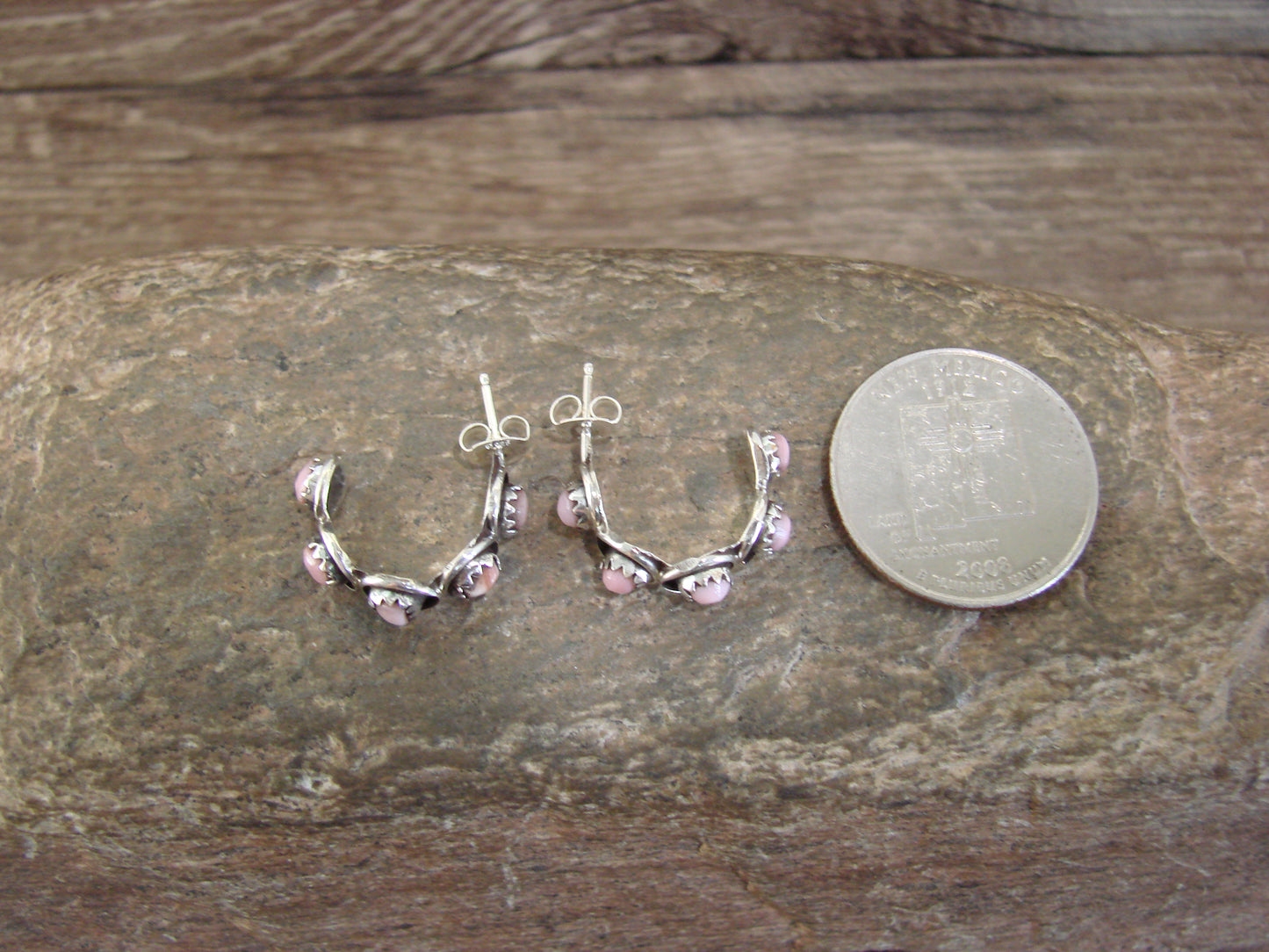 Native American Sterling Silver & Pink Shell Half Hoop Post Earrings - Lonasee
