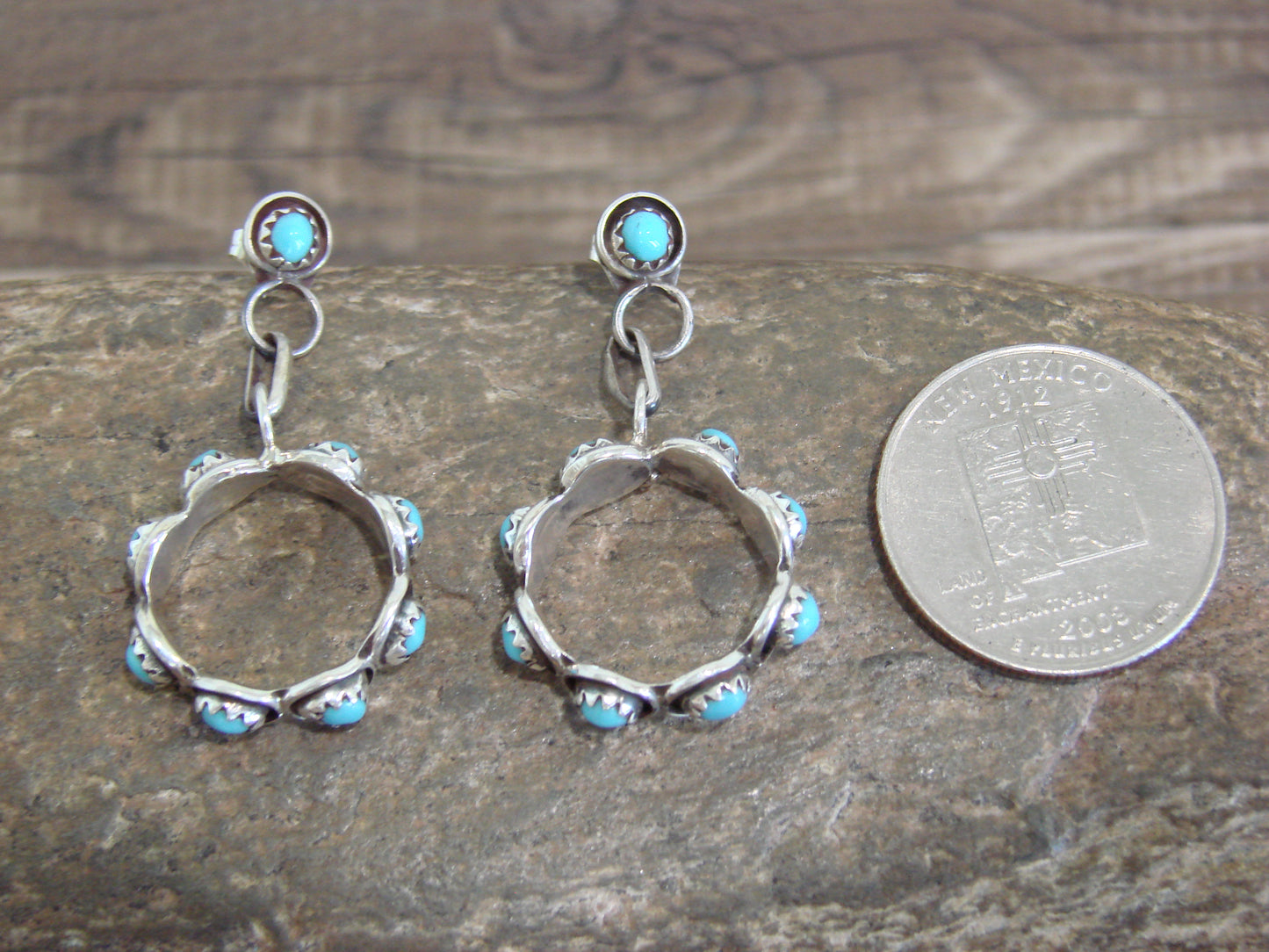 Native American Sterling Silver & Turquoise Post Dangle Earrings - Lonasee