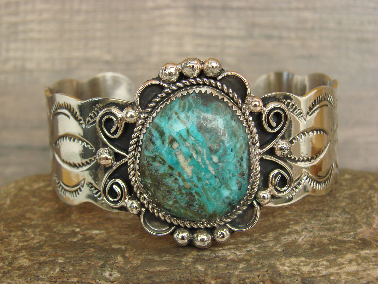 Native American Nickel Silver & Turquoise Bracelet by Cleveland