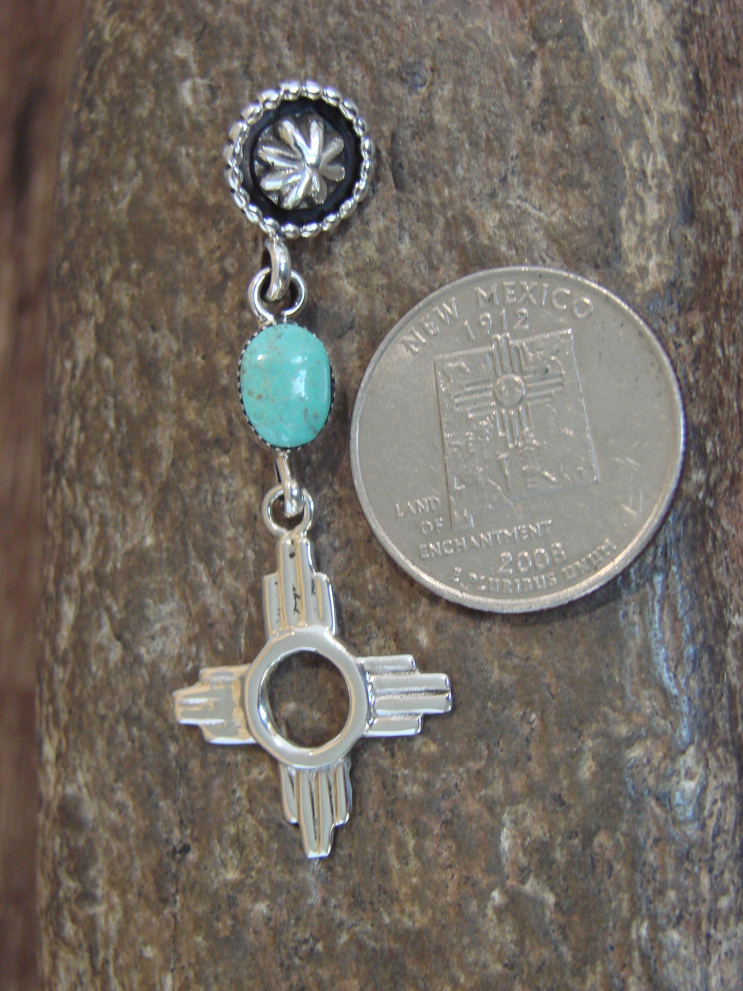 Native American Sterling Silver & Turquoise Zia Pendant by Lee