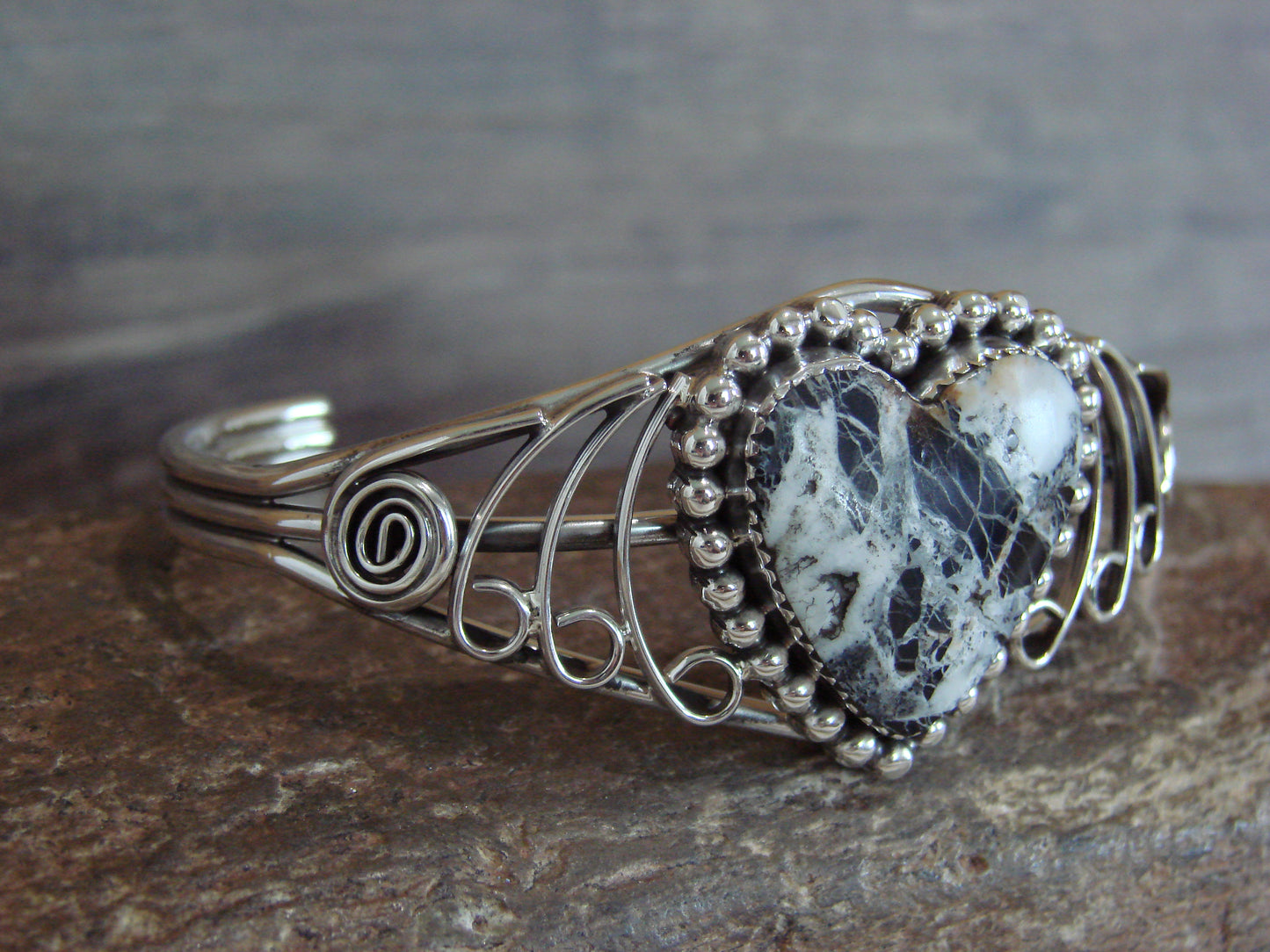 Native American Sterling Silver White Buffalo Turquoise Heart Bracelet by Garcia