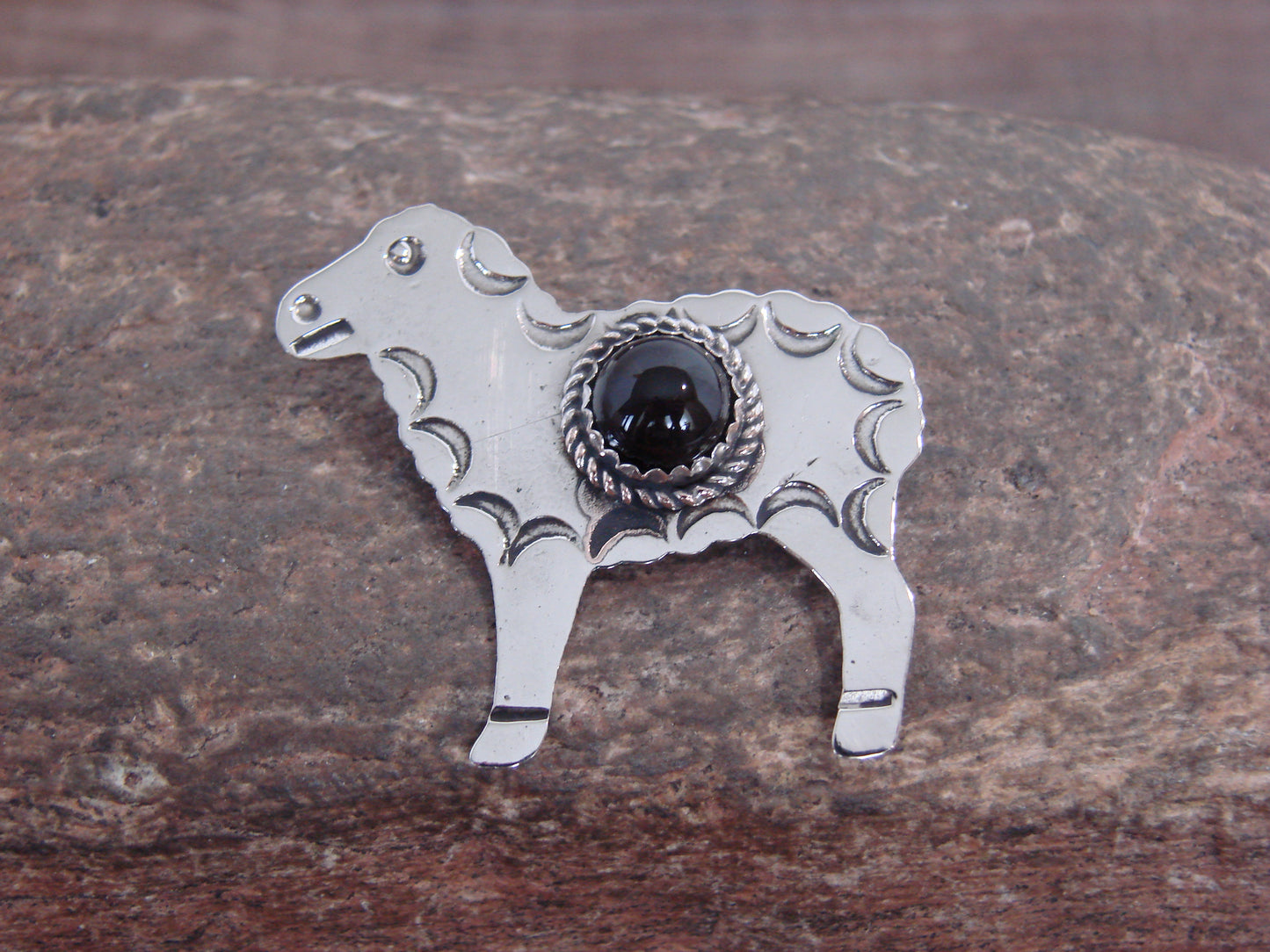 Native American Nickel Silver & Onyx Lamb Pin - Cleveland