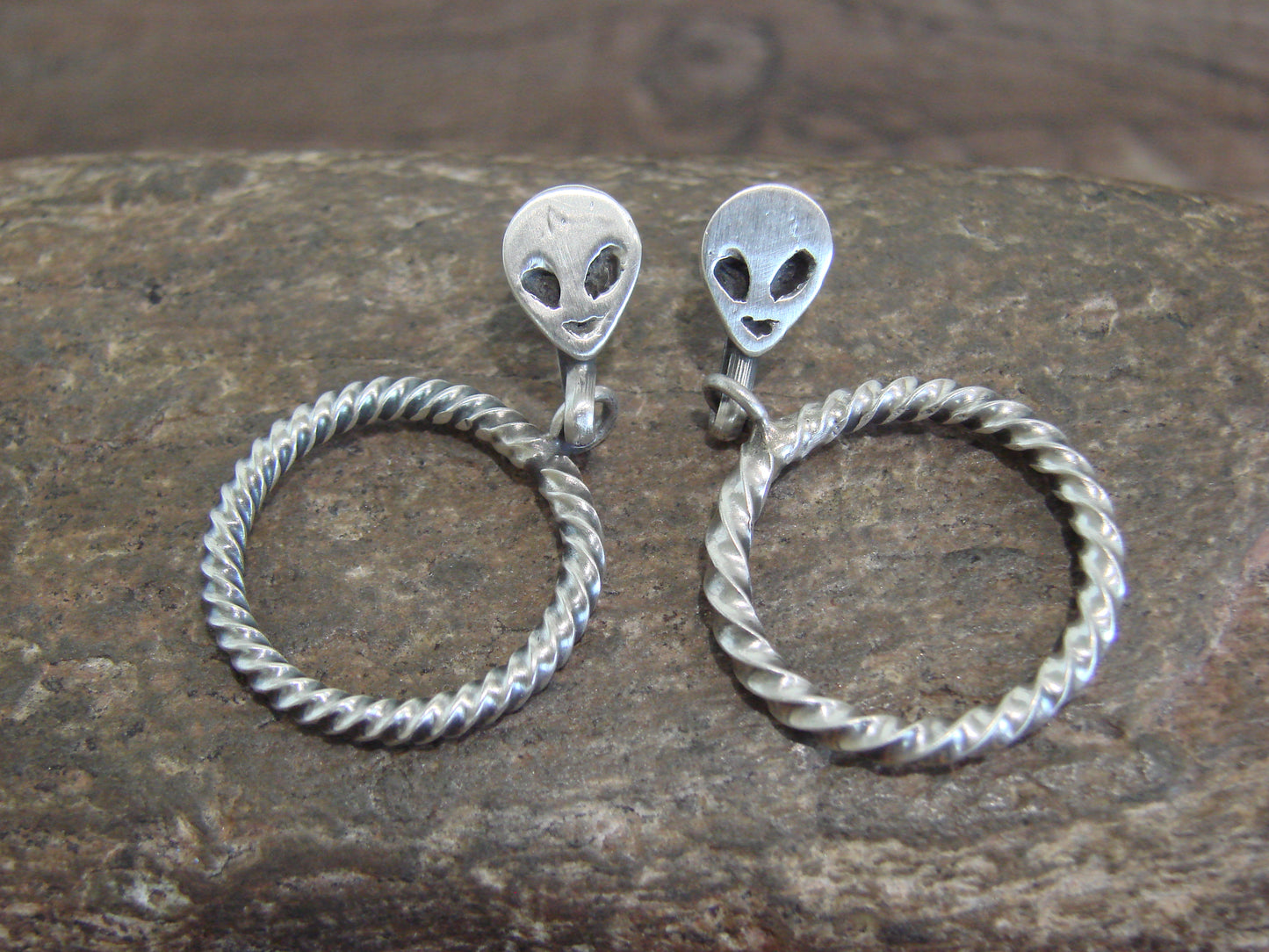 Native American Sterling Silver Alien Post Dangle Hoop Earrings - Coho
