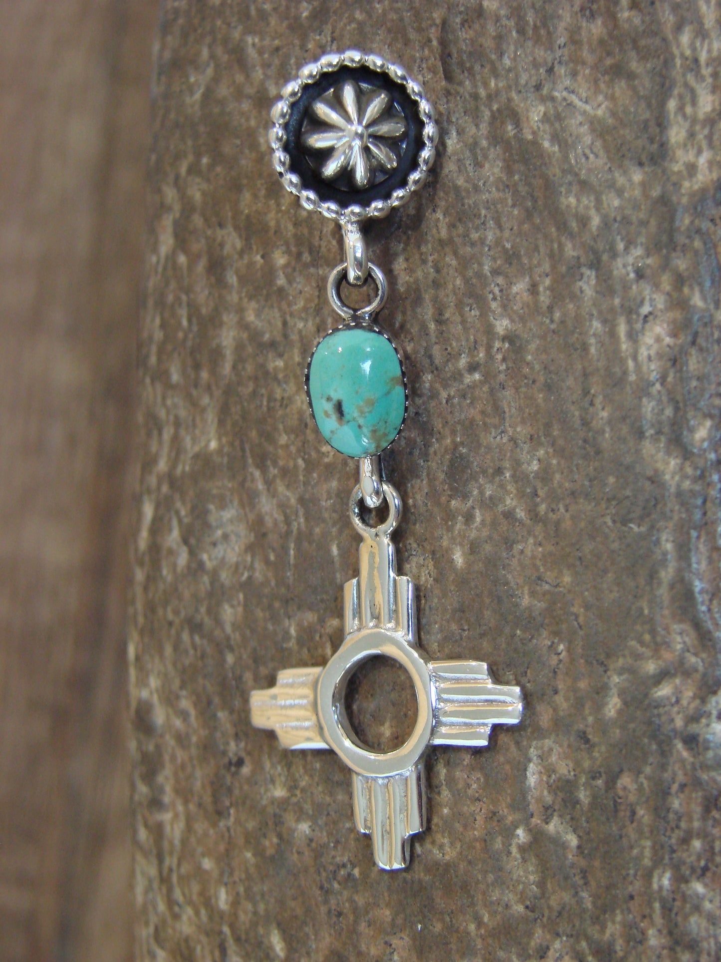 Native American Sterling Silver & Turquoise Zia Pendant by Lee